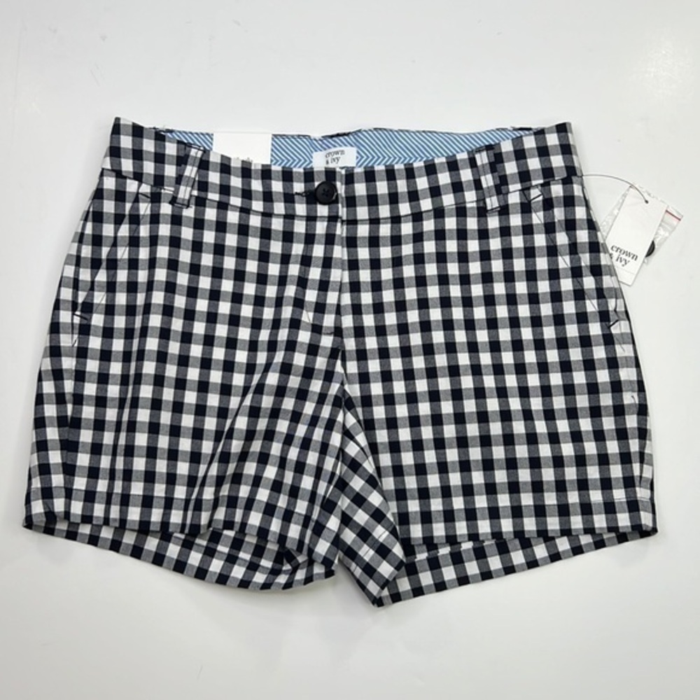 CROWN & IVY Women’s NWT Navy White Plaid Gingham Garden Party Shorts Sz 4